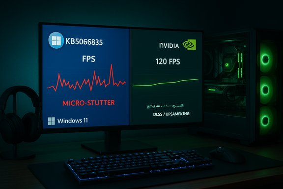 Dual-monitor gaming setup showing FPS graphs: Windows 11 micro-stutter on the left, NVIDIA 120 FPS on the right.