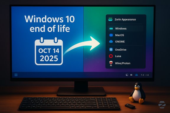 Desk setup shows a Windows 10 end-of-life banner on the monitor with a Zorin appearance panel, plus a penguin figurine.