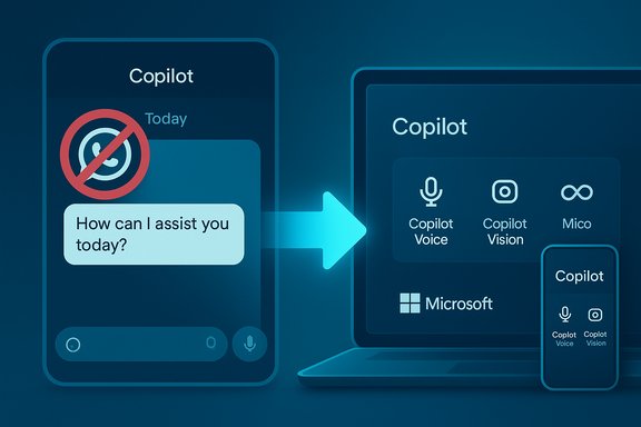 Copilot UI shown on phone and laptop, enabling voice and vision-powered assistance.