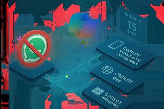 Futuristic dashboard showing Copilot app tiles, a blocked WhatsApp icon, and a January 15 2026 calendar.
