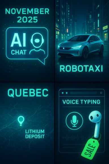 A neon blue collage showcasing AI chat, robotaxi, Quebec lithium deposit, and voice-typing.