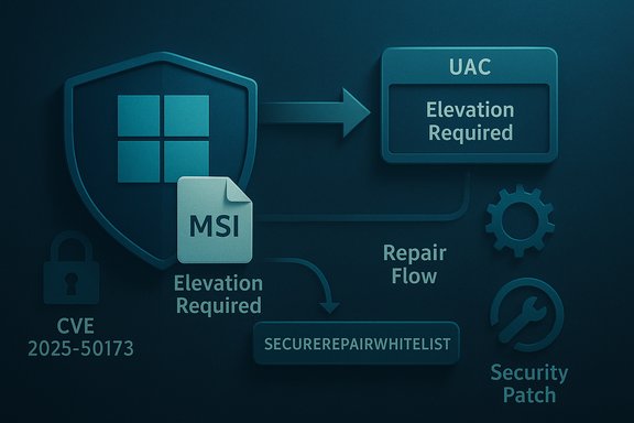 Illustration of MSI elevation flow via UAC with security patch and repair steps. Illustration of MSI elevation flow via UAC with security patch and repair steps.
