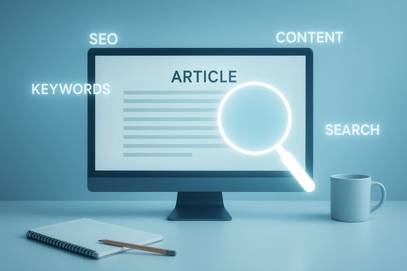 A glowing magnifier over an article on a monitor, surrounded by SEO and content keywords.