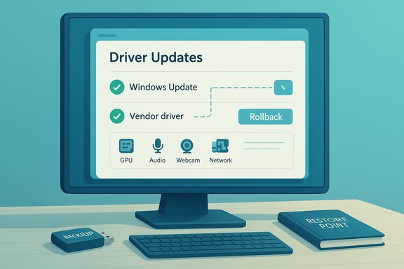 Monitor displays a Driver Updates screen with Windows Update, a Rollback option, and hardware icons.