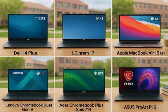 Nine laptops from Dell, LG, Apple, Lenovo, Acer, MSI, and ASUS displayed on a wooden table.