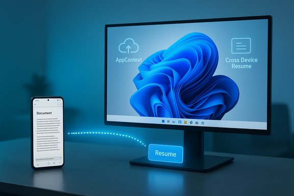 Monitor displays a glowing Resume button for cross‑device resume; a phone shows a document.