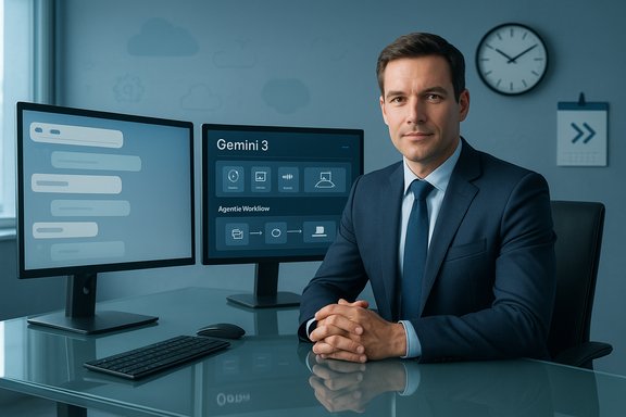 A business professional sits at a desk with two monitors in a modern office.