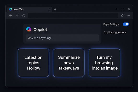 Dark browser window featuring Copilot panel and three neon-glowing action cards.