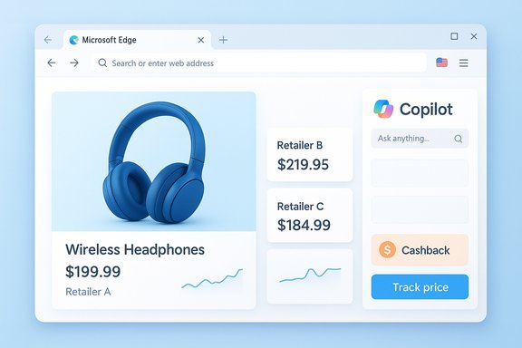 A modern browser dashboard showing wireless headphones with price cards and a Copilot panel.