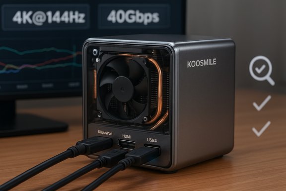 KOOSMILE mini PC with exposed cooling fan and copper heat pipes, connected via HDMI/USB4.