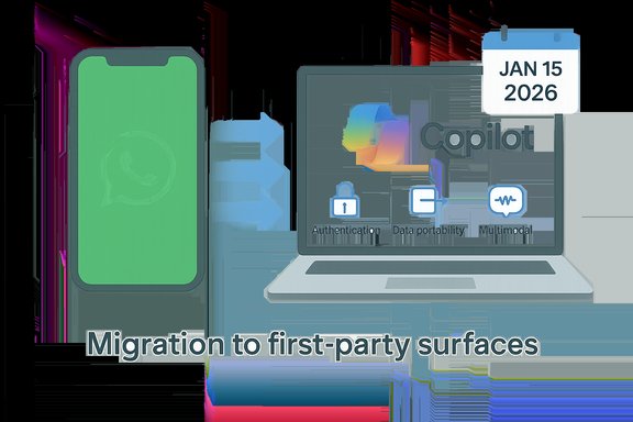 Migration to first-party surfaces, shown as a smartphone beside a Copilot-enabled laptop.