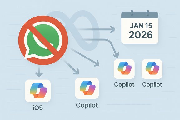 No WhatsApp; Copilot iOS apps set to launch by Jan 15, 2026.