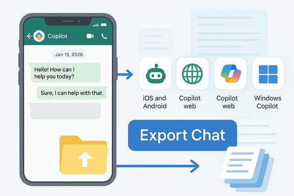Mobile Copilot chat with export options to iOS/Android, Copilot web, or Windows Copilot.