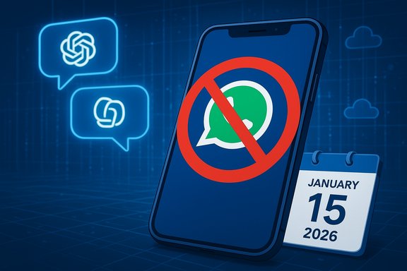 Phone displays a no-WhatsApp sign beside a calendar reading January 15, 2026.