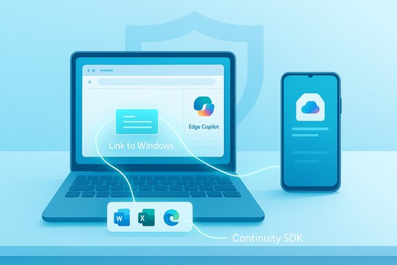 Blue illustration of a laptop and smartphone connected, showing Link to Windows and Continuity SDK.