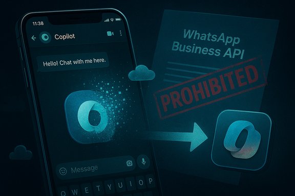 Phone screen shows Copilot chat next to a 'PROHIBITED' WhatsApp Business API document.