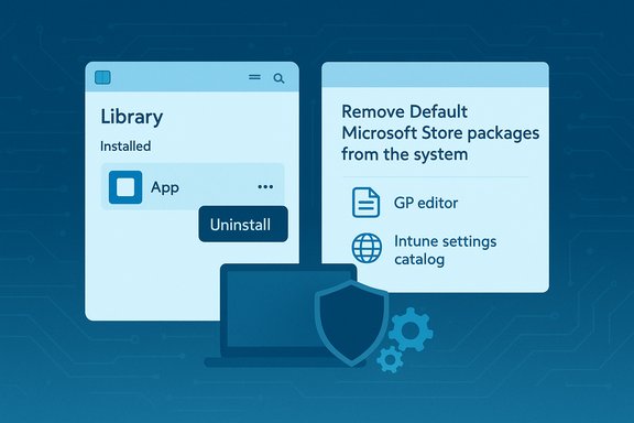 Tech illustration: uninstall an app and remove default Microsoft Store packages from the system.