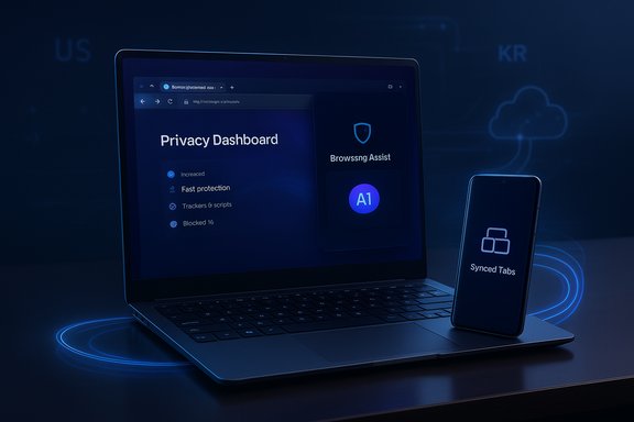 Laptop displays a Privacy Dashboard with Browsing Assist; a phone shows Synced Tabs.