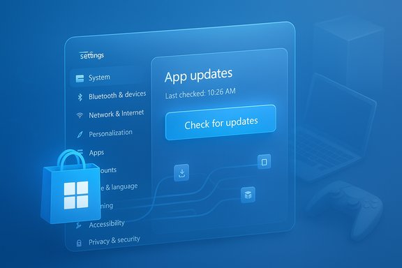 Blue 3D settings panel showing App updates with a 'Check for updates' button.