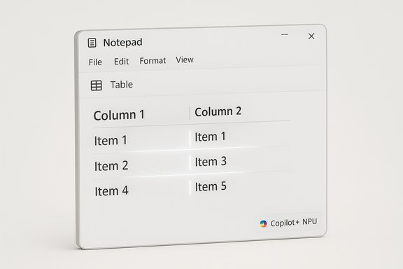 Notepad-style UI with a two-column table showing Column 1, Column 2 and items.