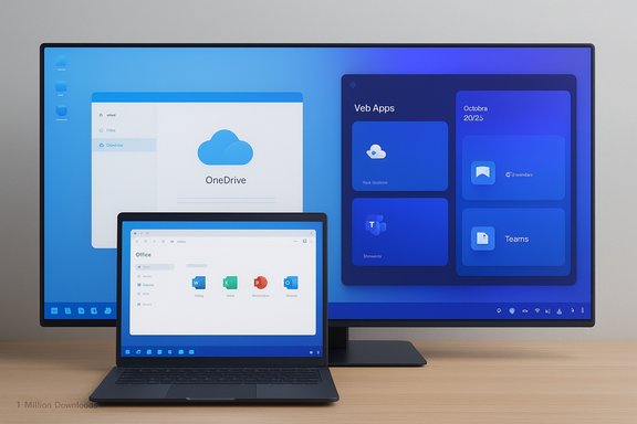 Laptop in front of a large monitor displaying OneDrive and Office apps in a blue UI.