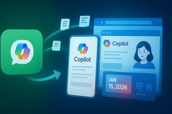 Copilot app UI with its logo and multiple screens for mobile and web.