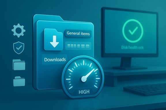 A 3D illustration of a computer desktop with folders, Downloads, a high-speed gauge, and disk health status. A 3D illustration of a computer desktop with folders, Downloads, a high-speed gauge, and disk health status.