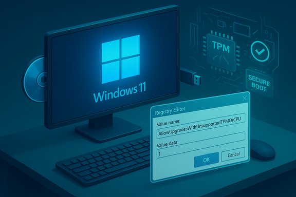 Windows 11 PC shown with a Registry Editor dialog to override TPM/CPU upgrade restrictions.