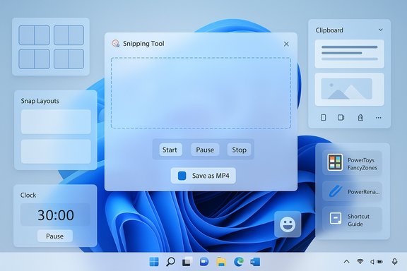 Blue desktop featuring a Snipping Tool dialog and several floating UI panels.
