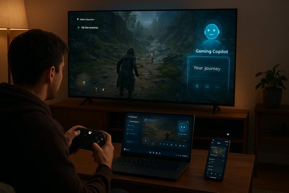 Gamer using Gaming Copilot on a large TV while playing, with laptop and phone nearby.