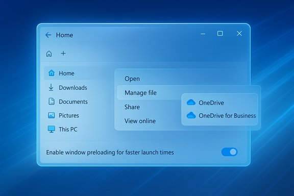 Windows-like file explorer panel showing Home, Downloads, and OneDrive options in a blue translucent window.