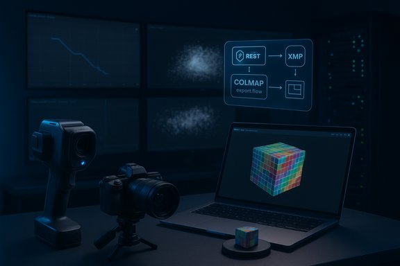 Tech workspace with cameras and a laptop displaying a multicolor 3D cube model.