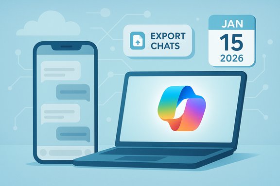 Blue-toned illustration of a laptop and phone exporting chats.