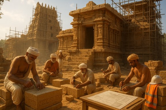 Stone masons carve blocks at an ancient temple under scaffolding. Stone masons carve blocks at an ancient temple under scaffolding.