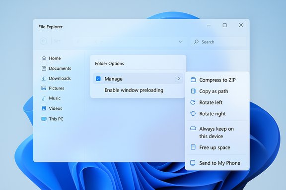 Windows File Explorer displaying Folder Options and a right-side actions panel.