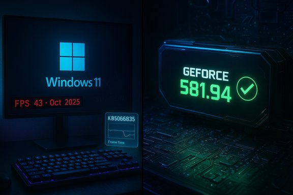 Split-screen PC setup: Windows 11 on the left, glowing GeForce GPU stats on the right.