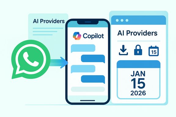 WhatsApp chat on a phone with Copilot, surrounded by AI providers and a calendar.