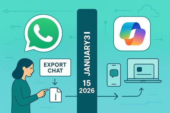 Illustration of exporting a WhatsApp chat on January 15, 2026, with phones and a laptop.