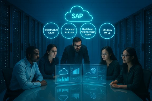 A diverse team analyzes SAP Azure cloud data with holographic dashboards in a server room.