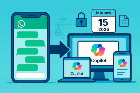 WhatsApp chat flows into Copilot across phone, tablet, and computer screens.
