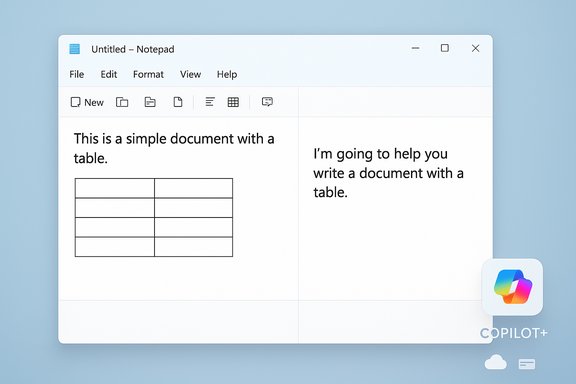 A Notepad window split into two panels: left text with a table, right text.