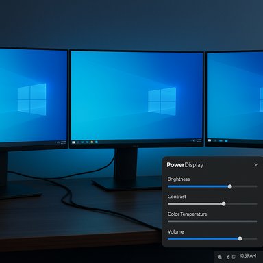 Triple-monitor Windows setup with a PowerDisplay panel showing brightness and volume.