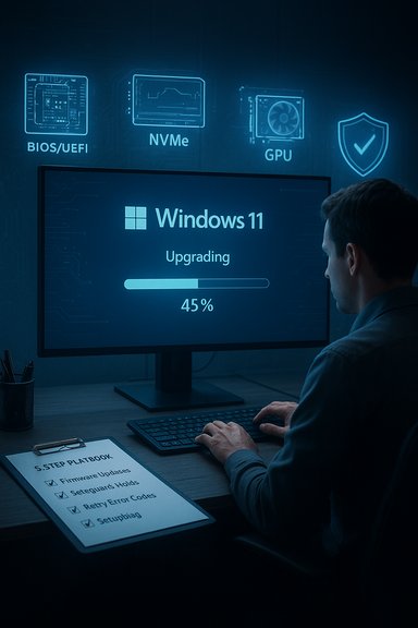 A man monitors a Windows 11 upgrade progressing at 45% on a futuristic high-tech workstation.