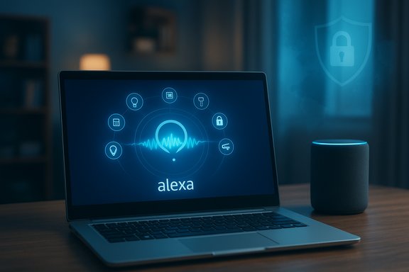 Laptop shows a blue Alexa smart-home interface with glowing icons and a nearby smart speaker.