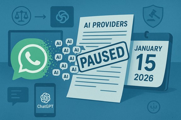 A “PAUSED” stamp overlays AI providers info amid ChatGPT and WhatsApp icons and a January 15, 2026 calendar. A “PAUSED” stamp overlays AI providers info amid ChatGPT and WhatsApp icons and a January 15, 2026 calendar.