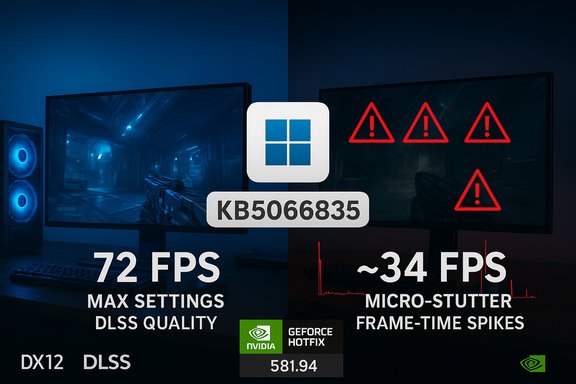 Split-screen GPU comparison: left 72 FPS max settings DLSS; right ~34 FPS with frame-time spikes.