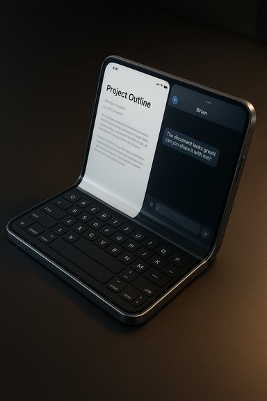 A foldable dual-screen device with a keyboard, showing a document on the left and a chat on the right.