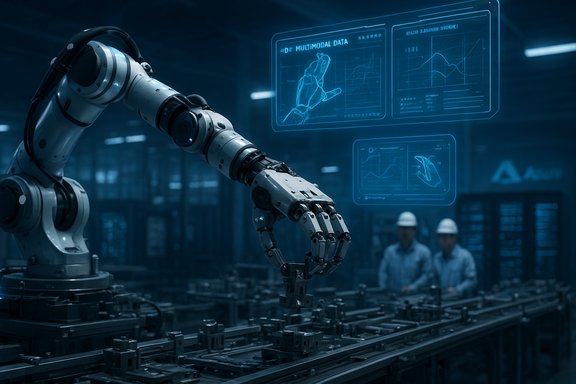 A robotic arm operates on an assembly line with holographic data screens.