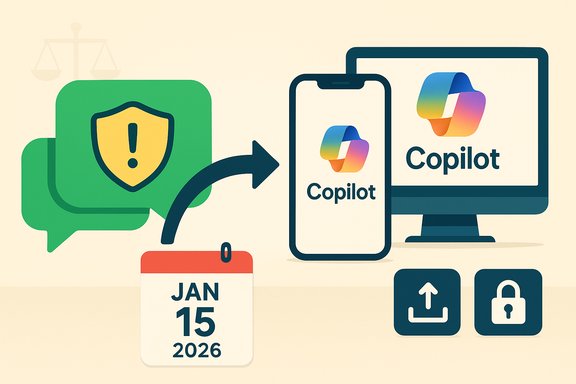 Copilot expands across phone and desktop with a security shield, dated Jan 15, 2026.