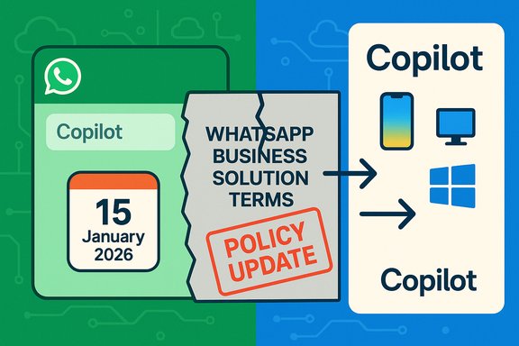 Policy update for WhatsApp Business Solution Terms with Copilot branding.
